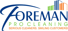 Logo for Foreman Pro Cleaning, a professional commercial cleaning company in MD, DC, and VA. Logo features the word Foreman in blue text, the word pro cleaning in green text, and three office building in the top left hand corner, one green, one blue, and one orange.