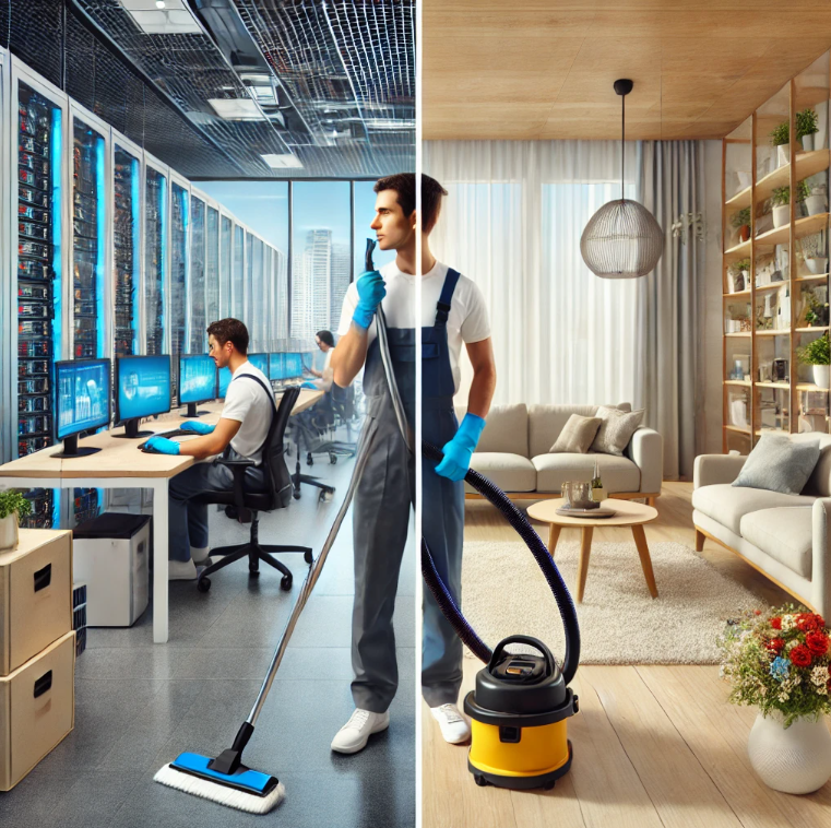 Difference in Commercial and Residential Cleaning Cleaning Technician depicting the difference in a residential and commercial cleaning setting