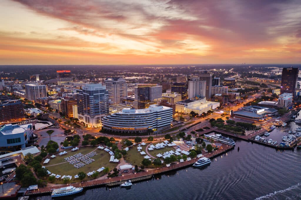 Aerial Photo Of Norfolk Virginia along the river at sunset