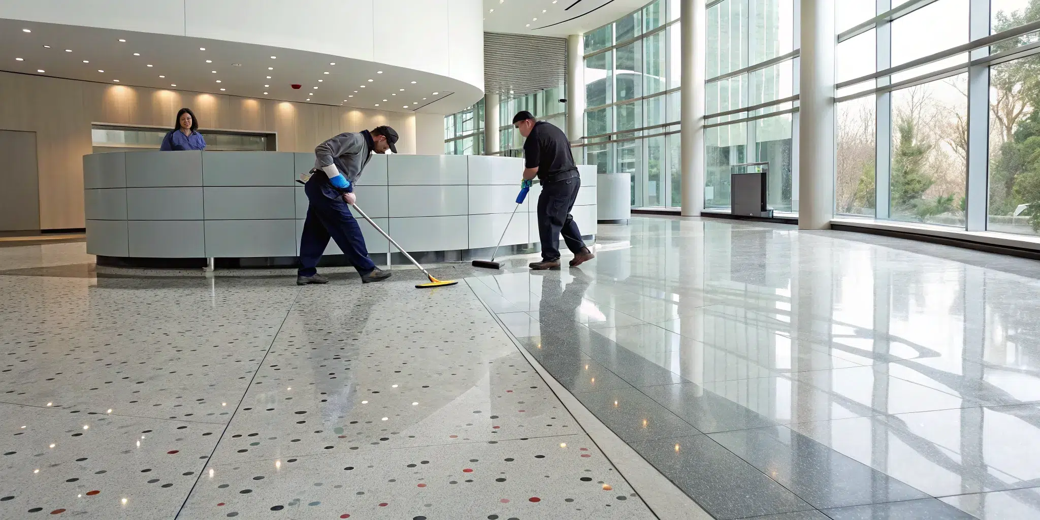 A professional from a VCT floor cleaning company mopping a commercial lobby.