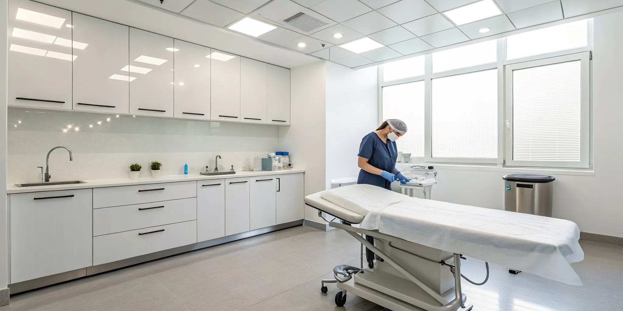 Staff in PPE properly disinfect a clinic room, cleaning high-touch surfaces and medical equipment.