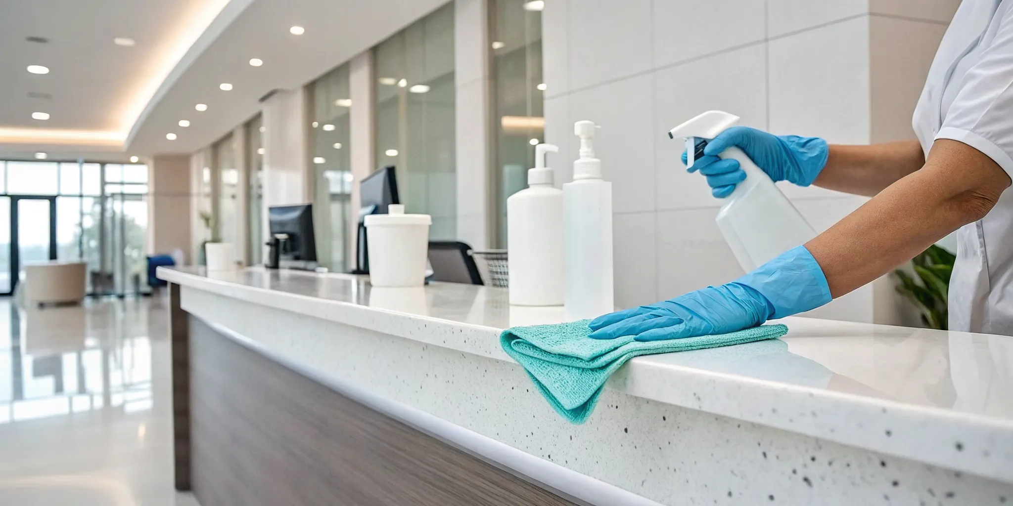 A professional disinfects a medical office reception desk, a key factor in cleaning prices.