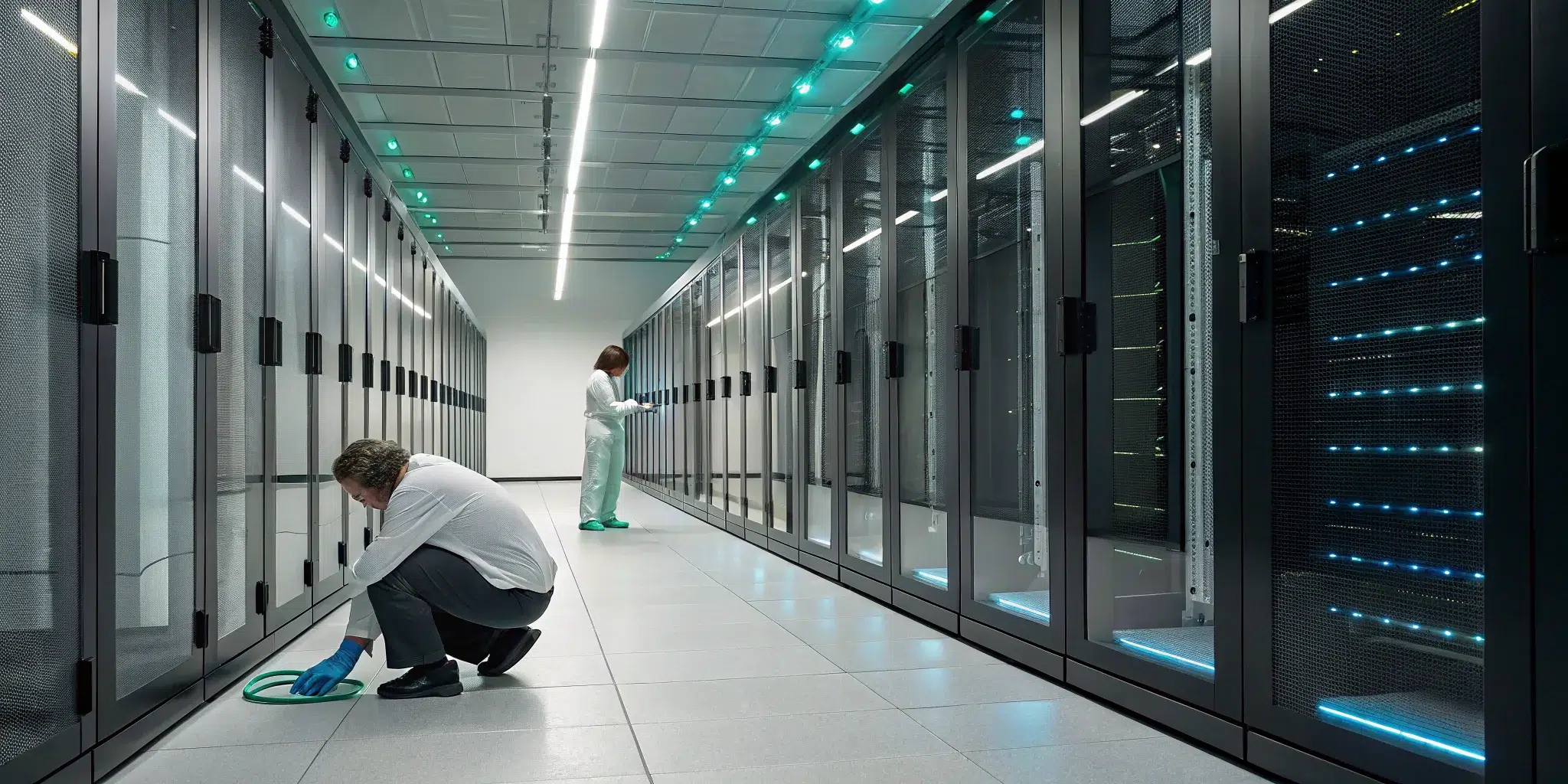 Data center cleaning company technicians maintaining server racks and floors in a critical environment.