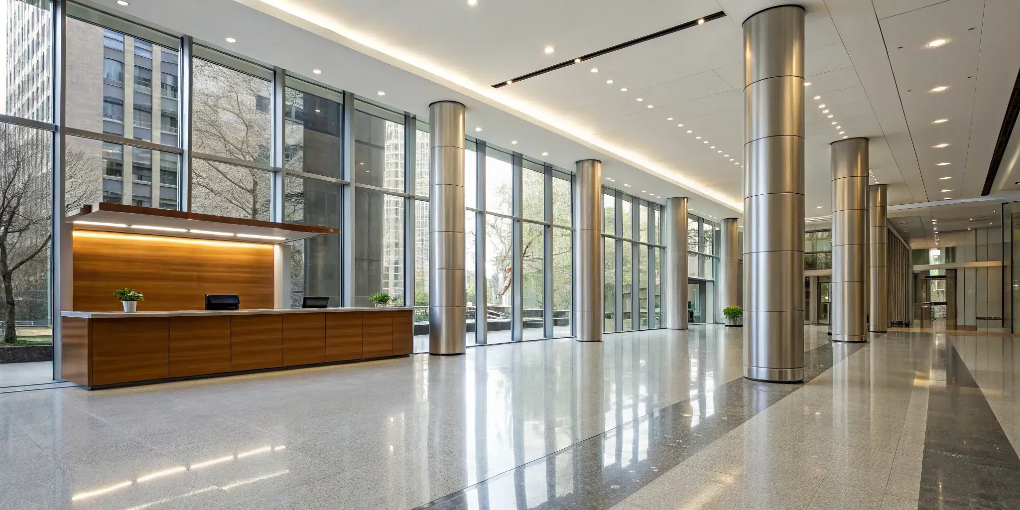 7-benefits-of-professional-floor-waxing-for-business-797215 Modern office lobby with shiny, professionally waxed floors, a key benefit for any business.