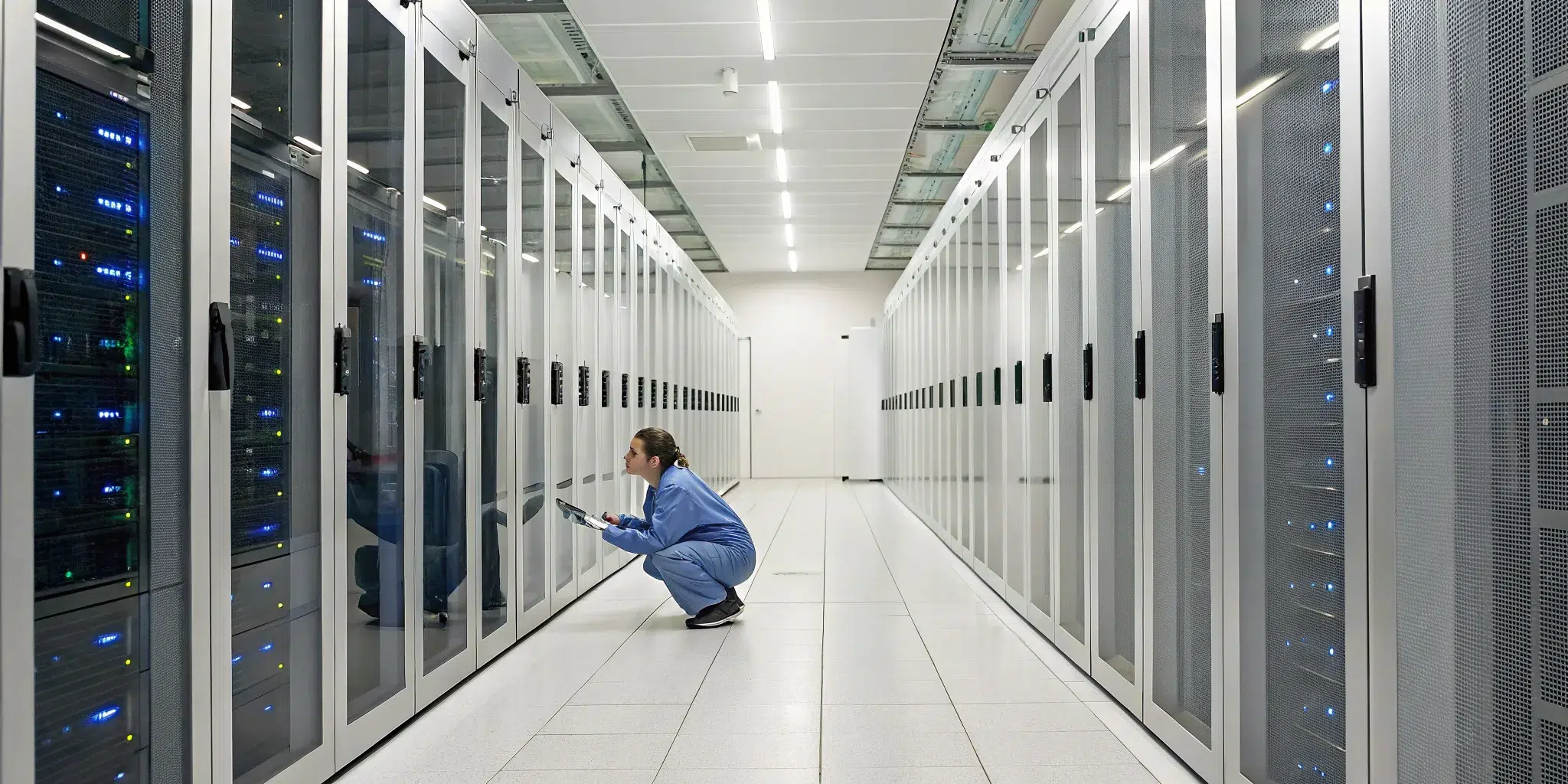 A technician performing essential data center cleaning services on server hardware.