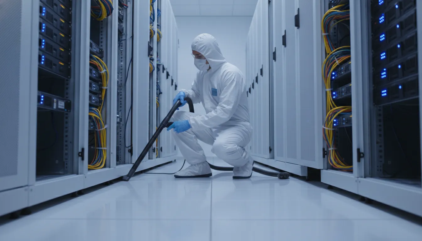 Data center cleaning checklist with ESD-safe HEPA equipment near server racks
