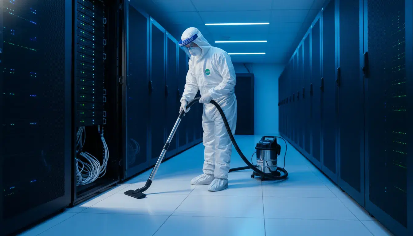 data-center-cleaning-vs-janitorial-cleaning-guide-752048 Data center cleaning technician using HEPA equipment near server racks