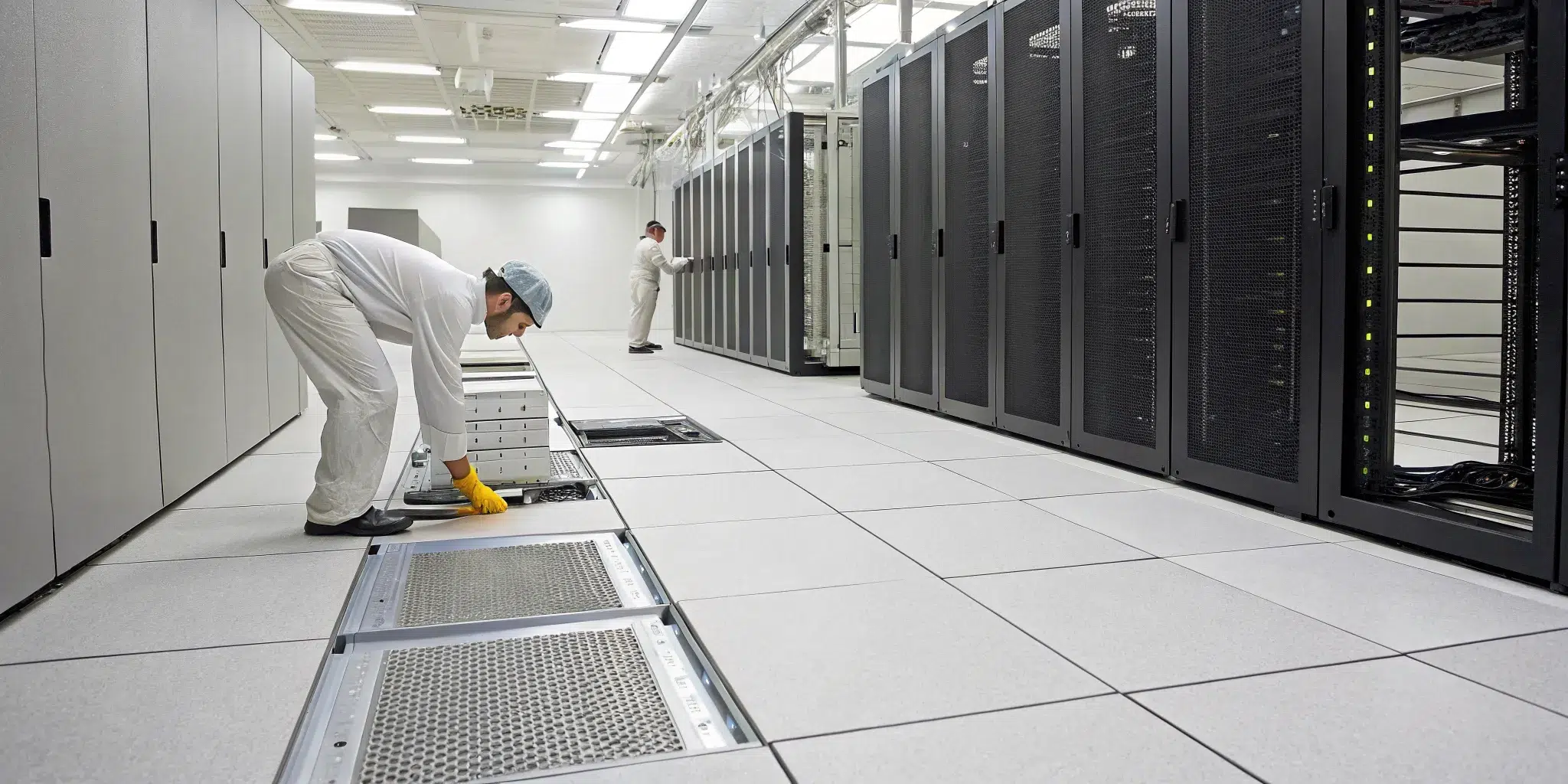Technicians performing professional data center subfloor cleaning.
