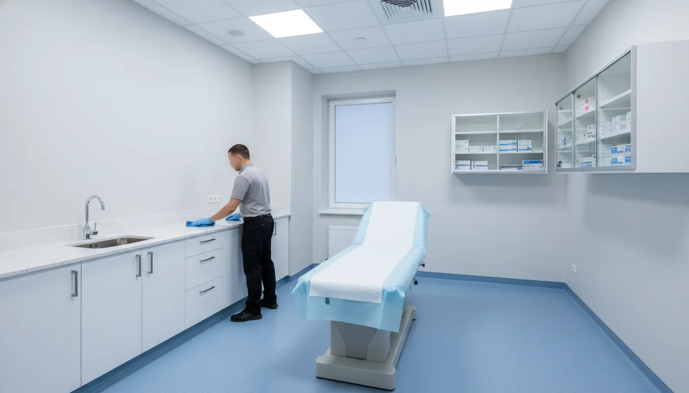 Professional cleaner disinfecting a medical office exam room