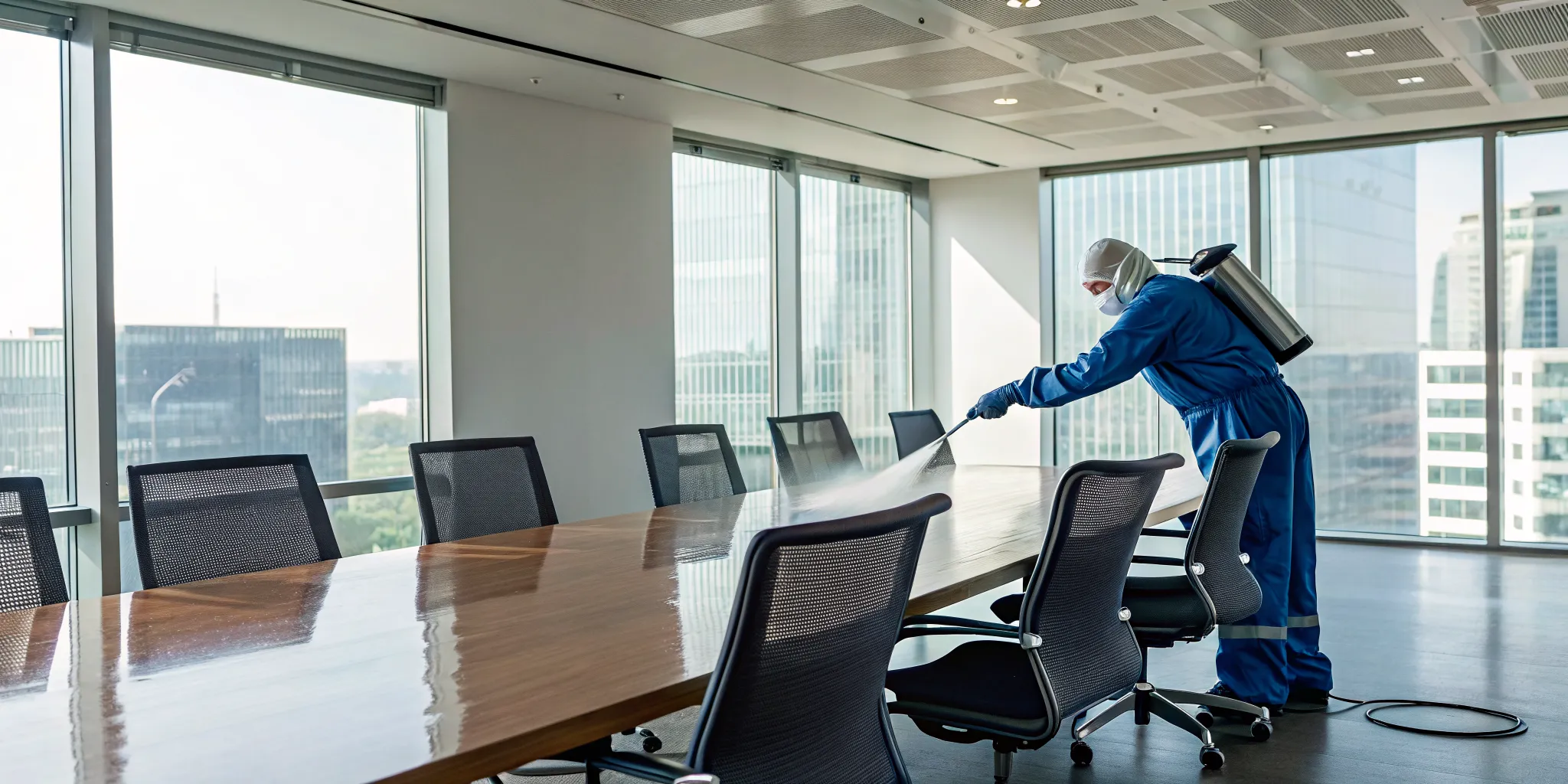 Technician demonstrates how electrostatic disinfection works by spraying an office with a specialized tool.