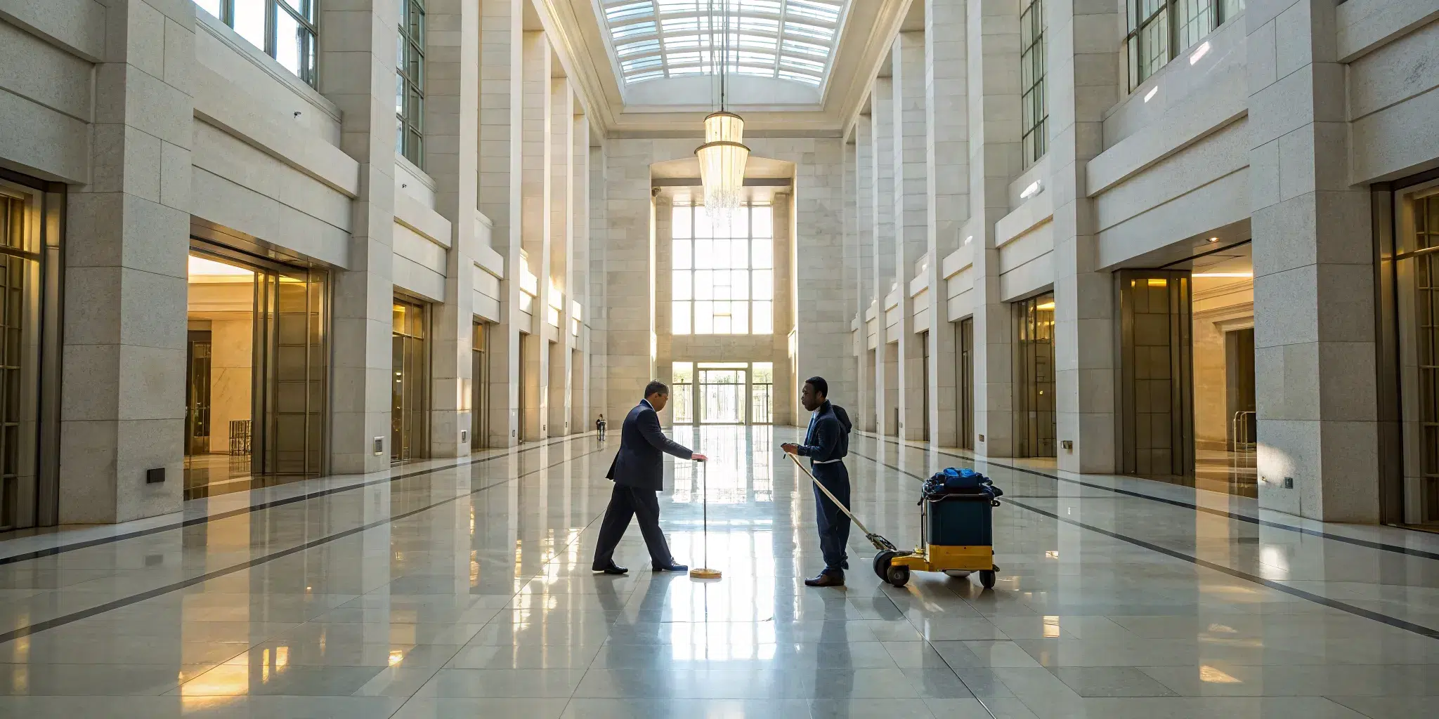 Professional government building cleaning services maintaining a pristine public lobby.