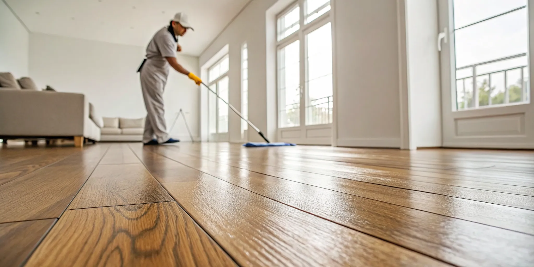Professional cleaning service mopping laminate wood flooring for a spotless, polished finish.