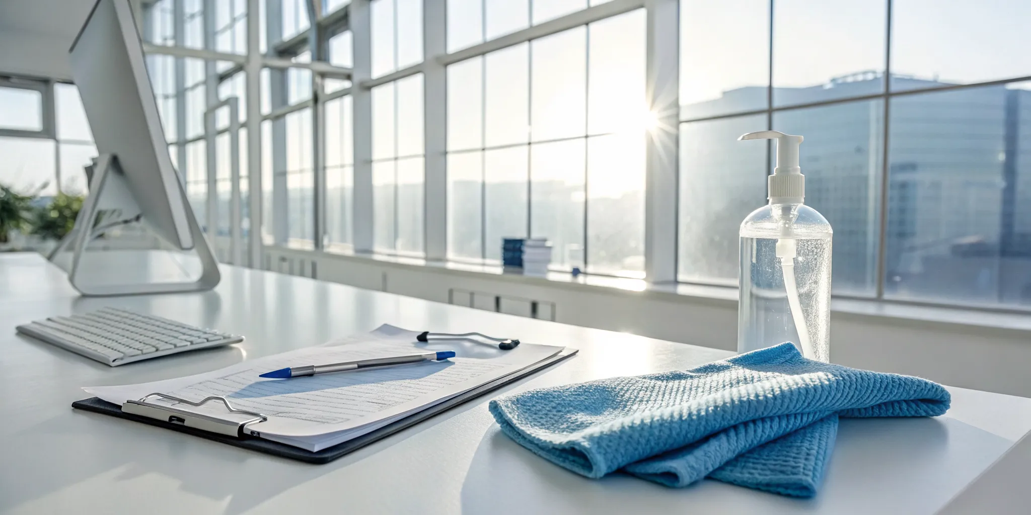 office-cleaning-checklist-for-businesses-free-template-920219 An office cleaning checklist for businesses on a desk with a pen and sanitizer.