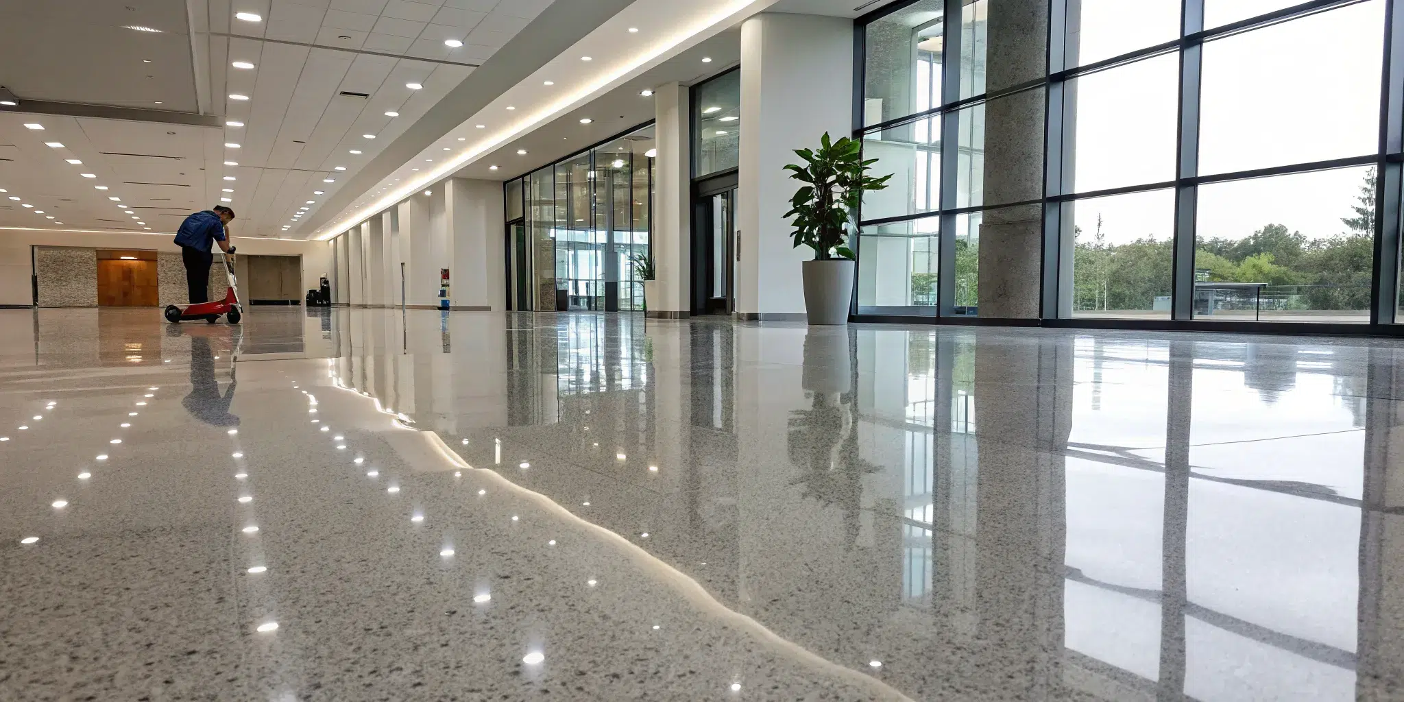 A high-gloss finish on an epoxy floor after waxing.