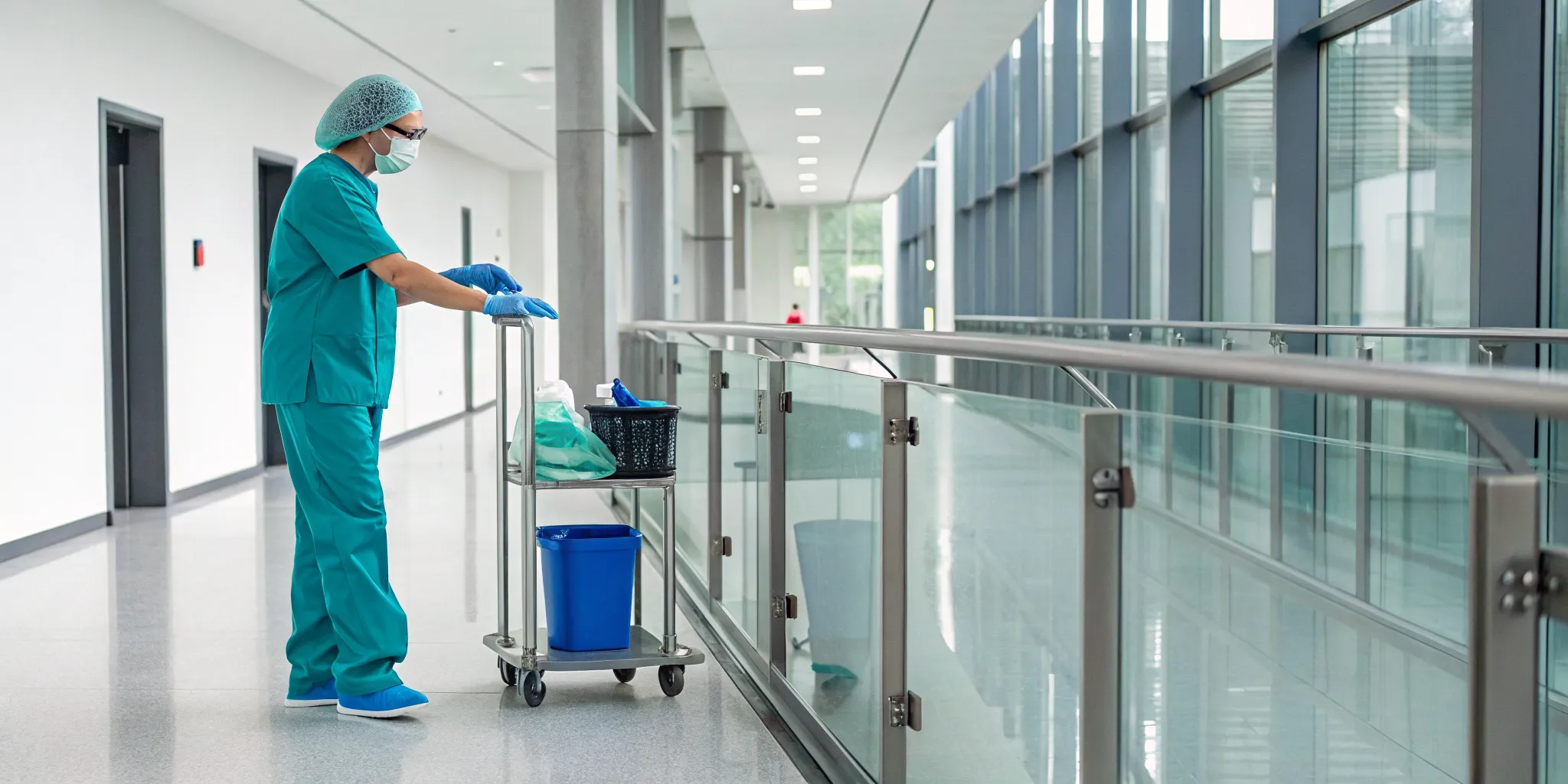 Healthcare cleaning services professional sanitizing a hospital hallway with a cleaning cart.