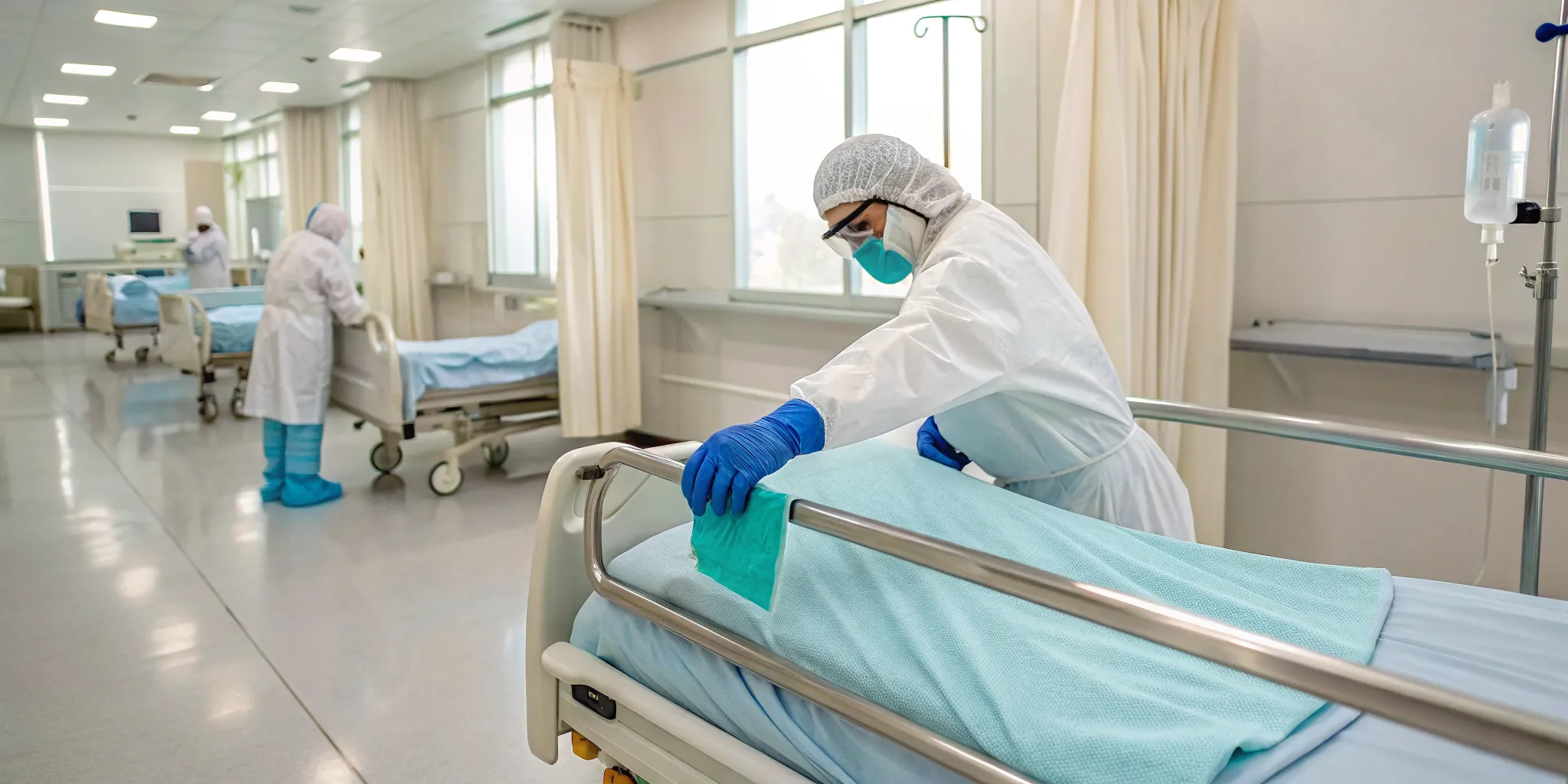 A hospital worker in full PPE performs terminal cleaning on a patient bed and high-touch surfaces.