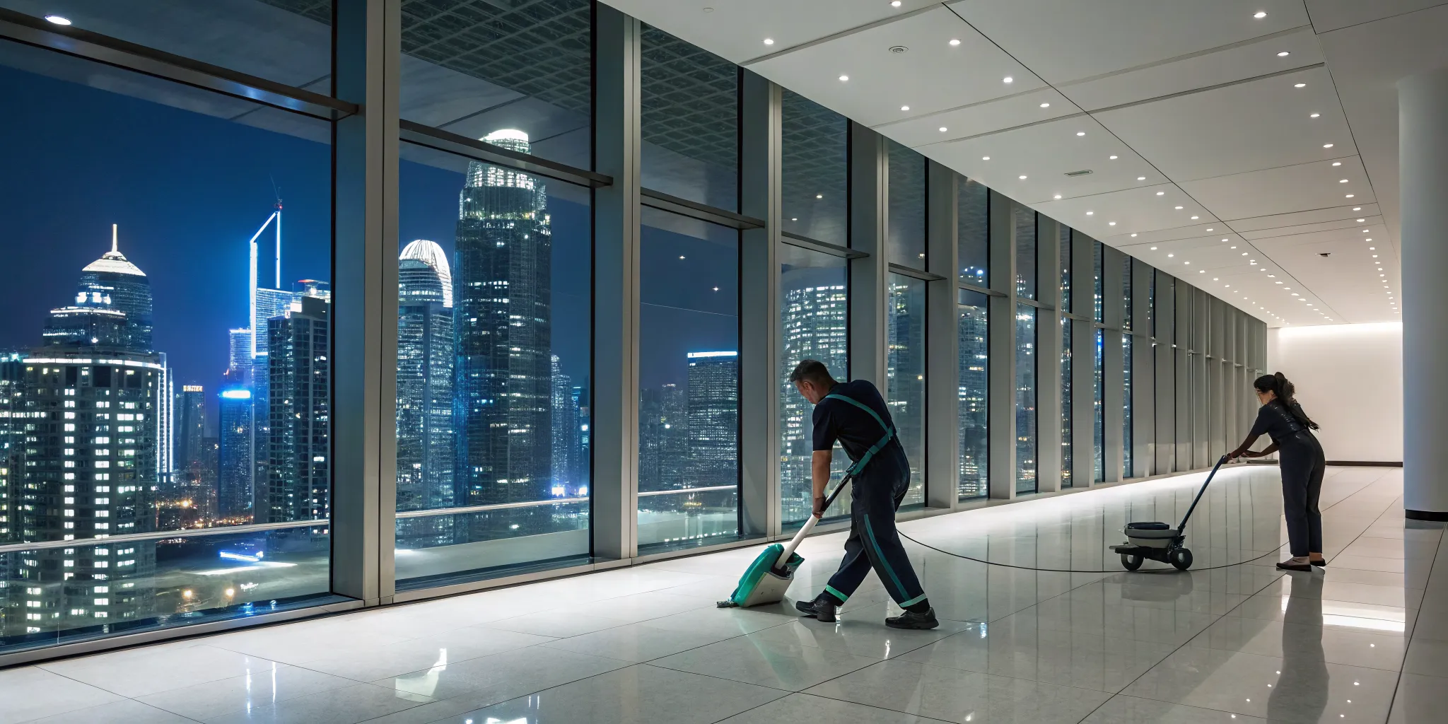 The best overnight commercial cleaning team polishing office floors with a city skyline view.