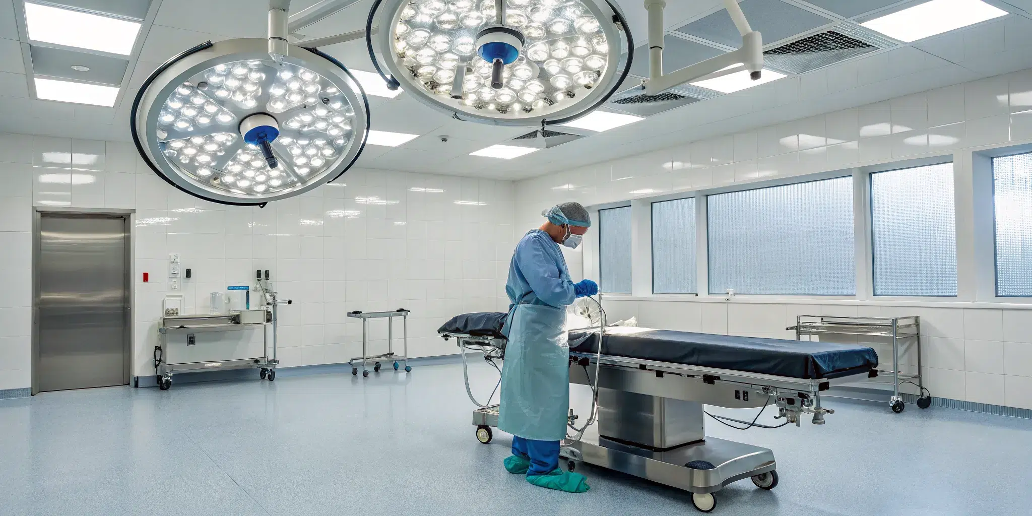 Staff in PPE follow a terminal cleaning checklist for an operating room.