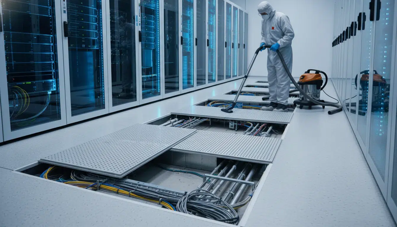 zinc-whiskers-in-data-centers-cleaning-guide-804637 Technician performing mitigation-aware cleaning for zinc whiskers in data centers