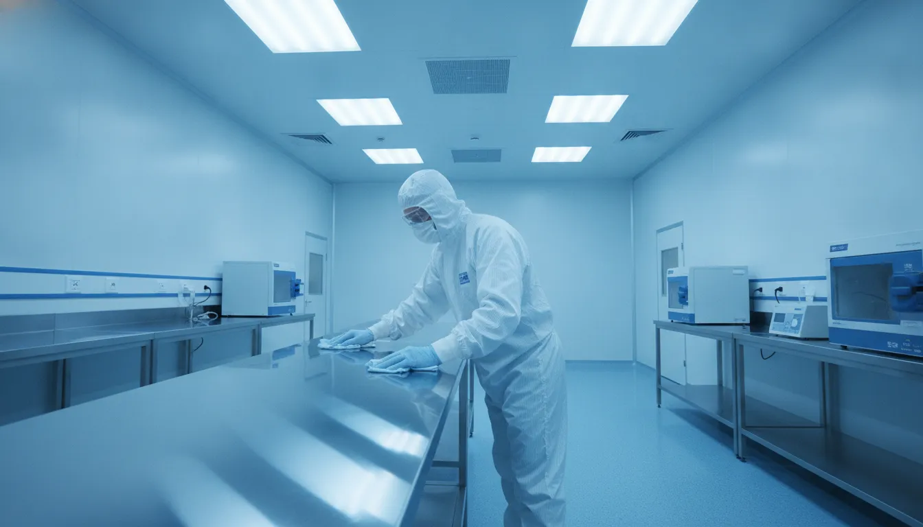 Trained professional cleaning a controlled laboratory environment
