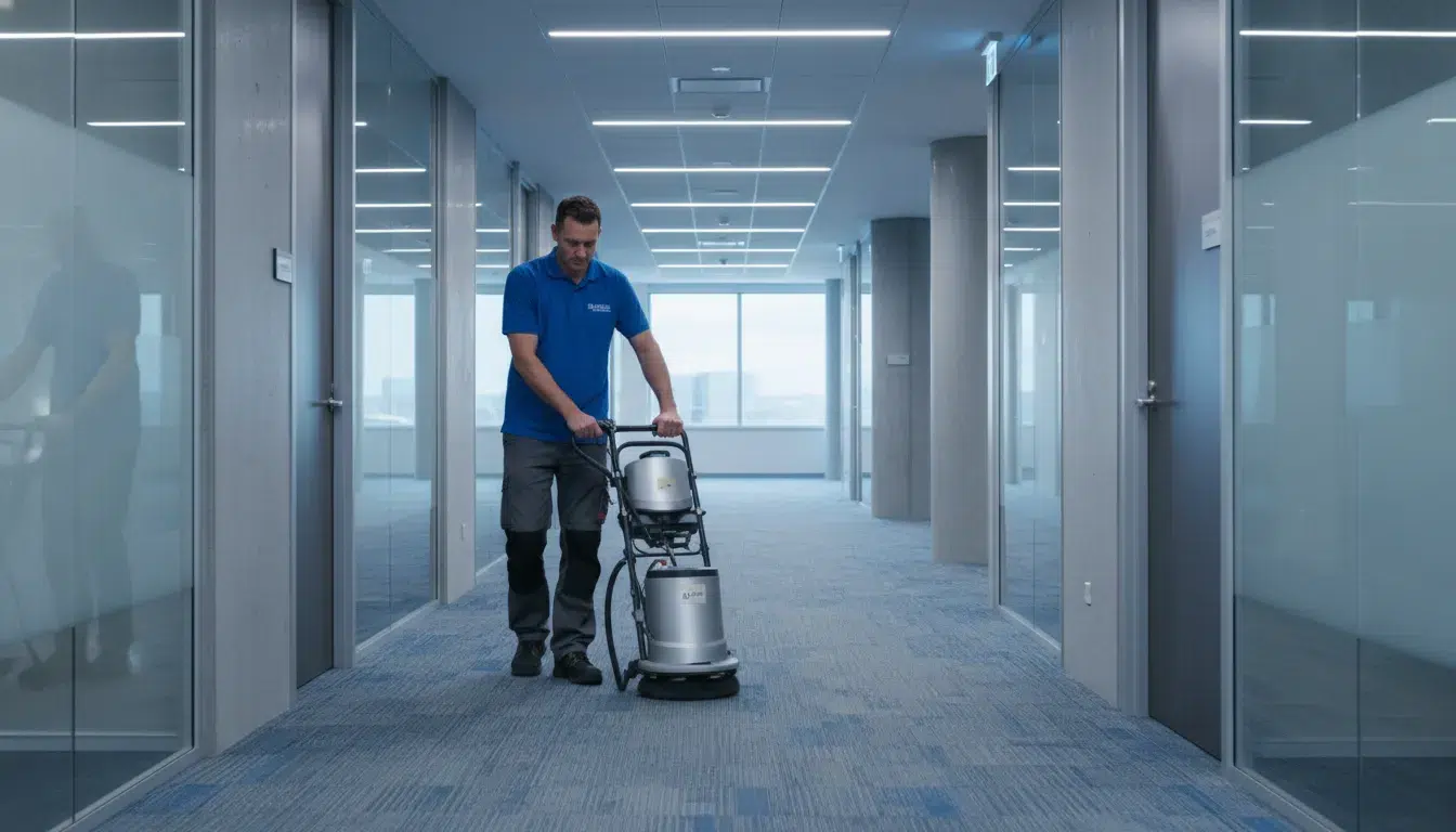 Technician following a commercial carpet cleaning frequency plan