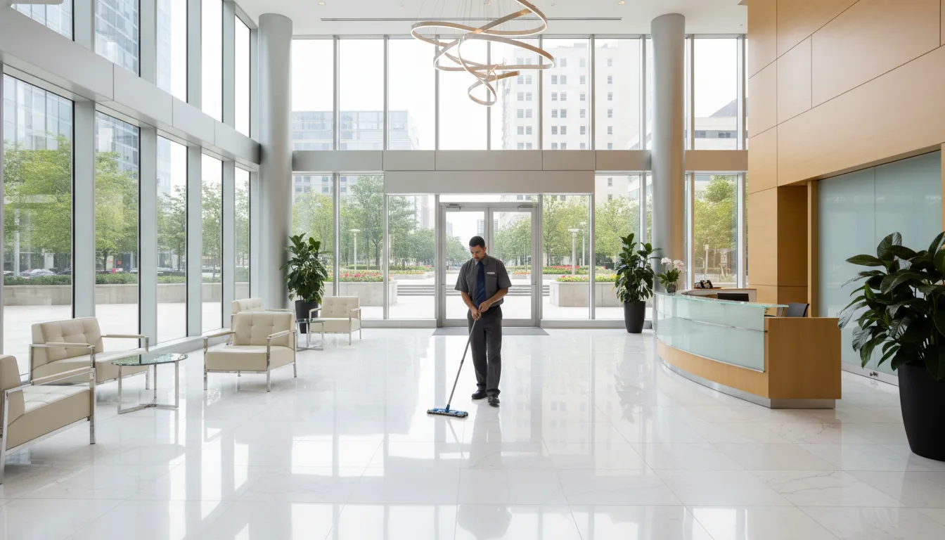 commercial-cleaning-for-class-a-office-buildings-424235 Professional day porter maintaining a premium Class A office lobby