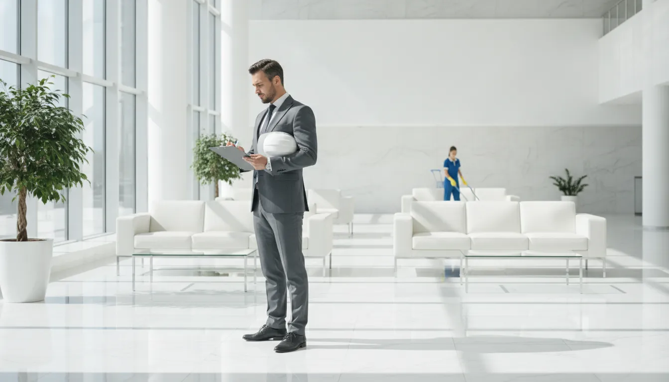 Facility manager conducting a commercial cleaning quality assurance inspection