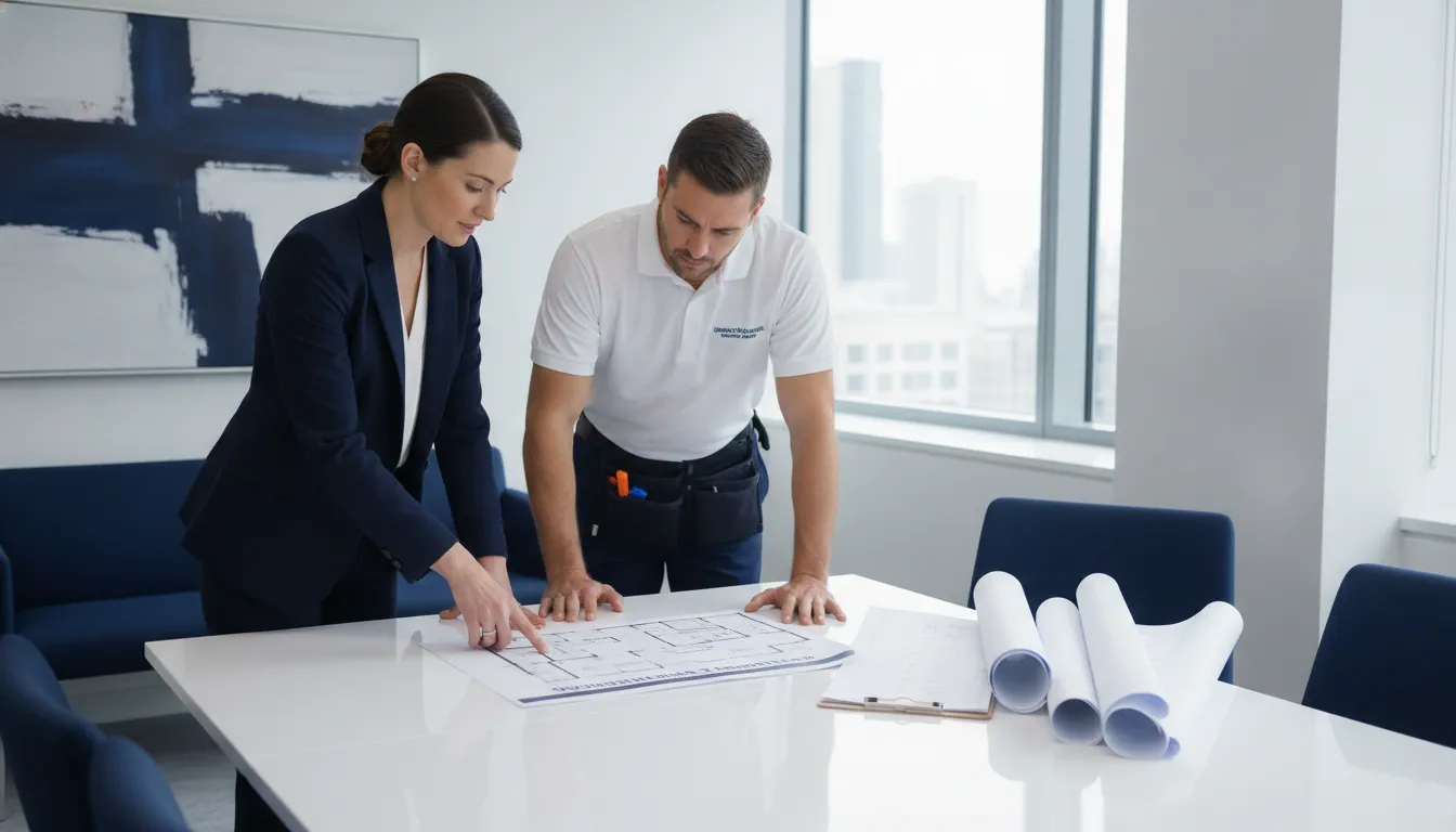 commercial-cleaning-rfp-questions-to-ask-vendors-532578 Facility manager reviewing a commercial cleaning RFP with a cleaning operations supervisor