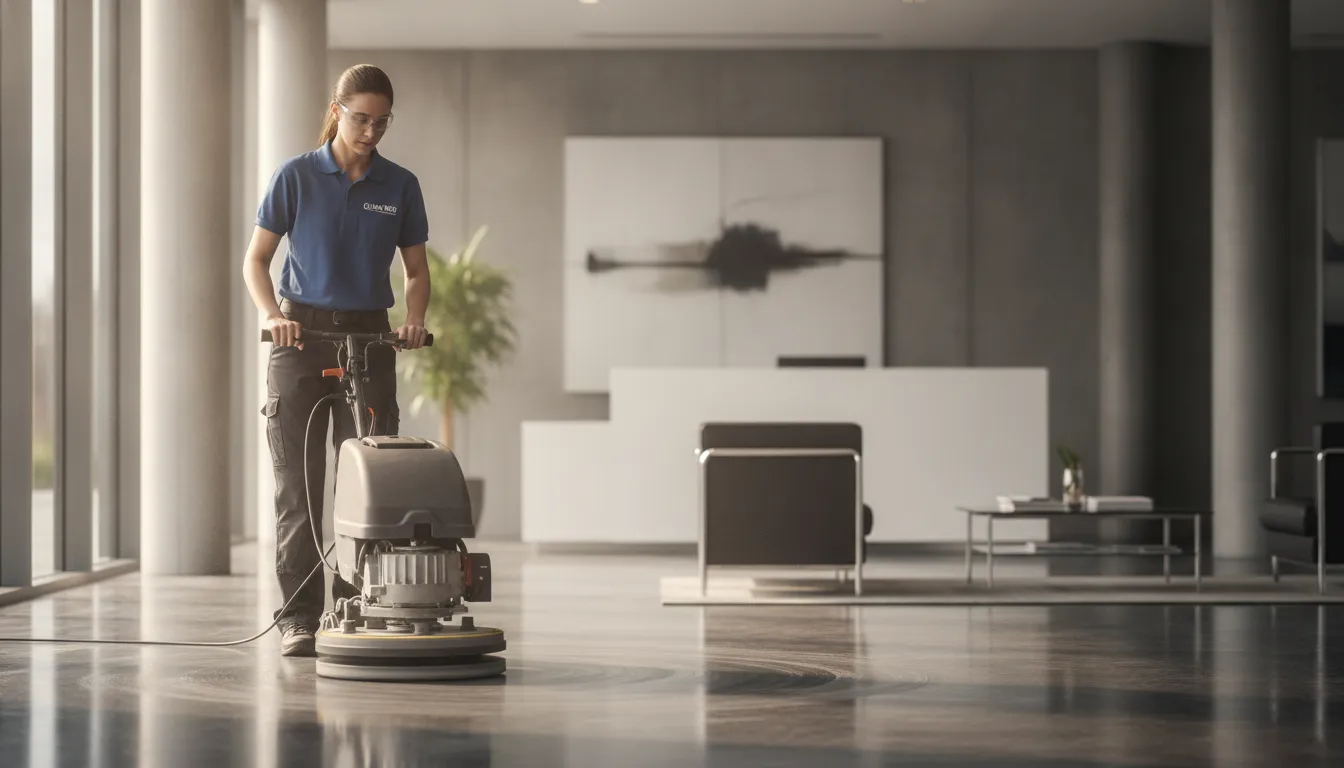 Commercial cleaning technician buffing a polished hard floor