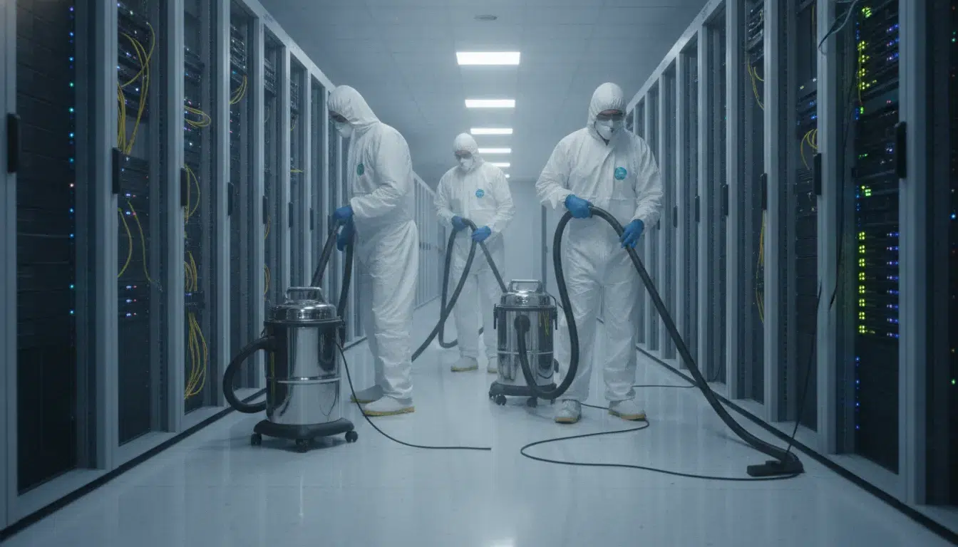 data-center-maintenance-cleaning-a-facility-guide-323311 Critical environment cleaners working in a modern data center aisle