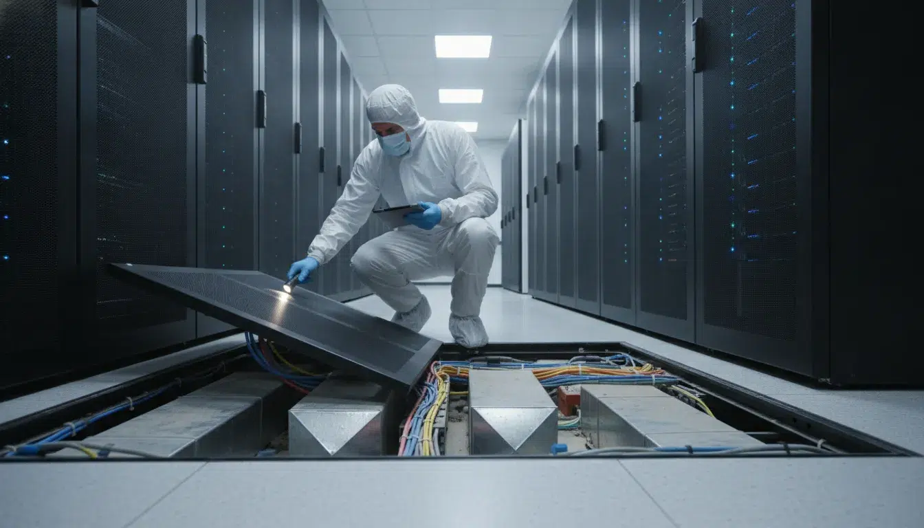 Technician inspecting beneath a raised data center floor