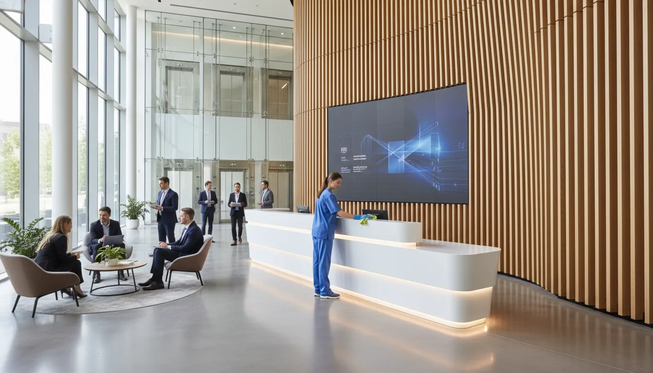 day-porter-vs-night-janitorial-service-choose-coverage-237327 Day porter providing daytime cleaning in a commercial lobby