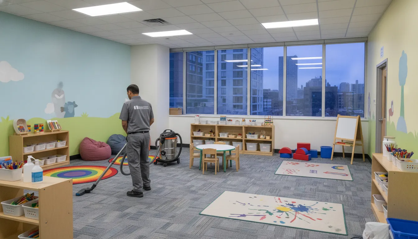 daycare-cleaning-checklist-for-facility-managers-322193 Commercial cleaner working in a bright daycare classroom