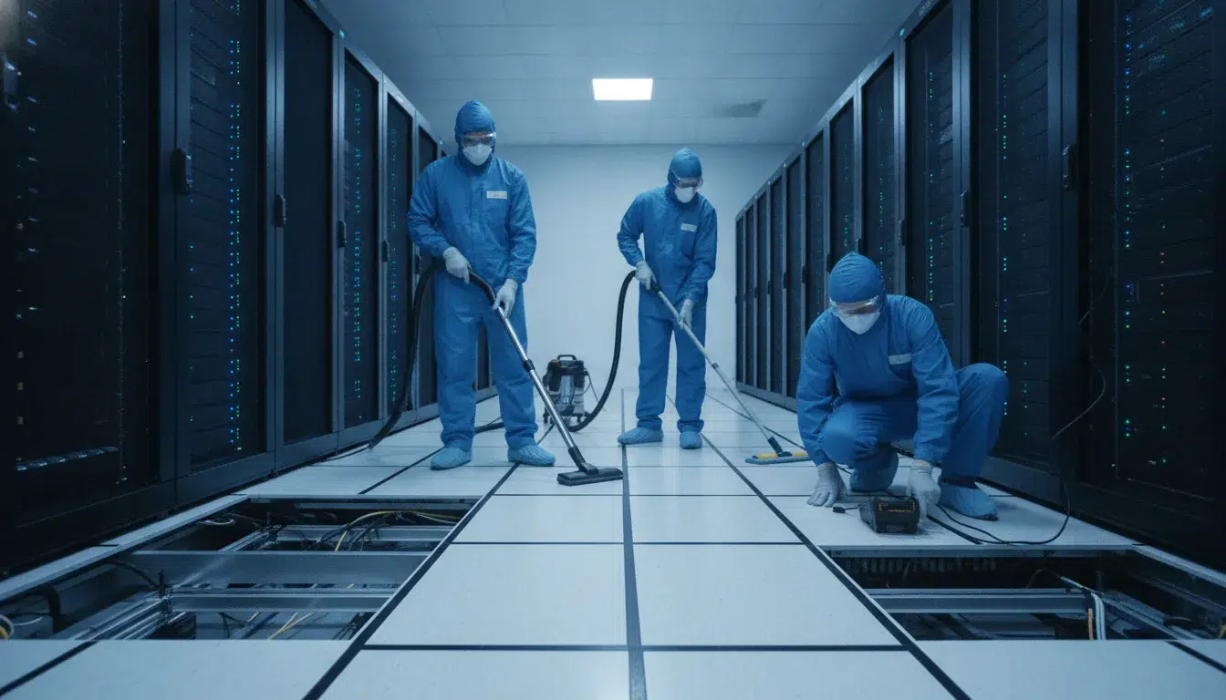 Technicians performing ESD floor cleaning in a data center