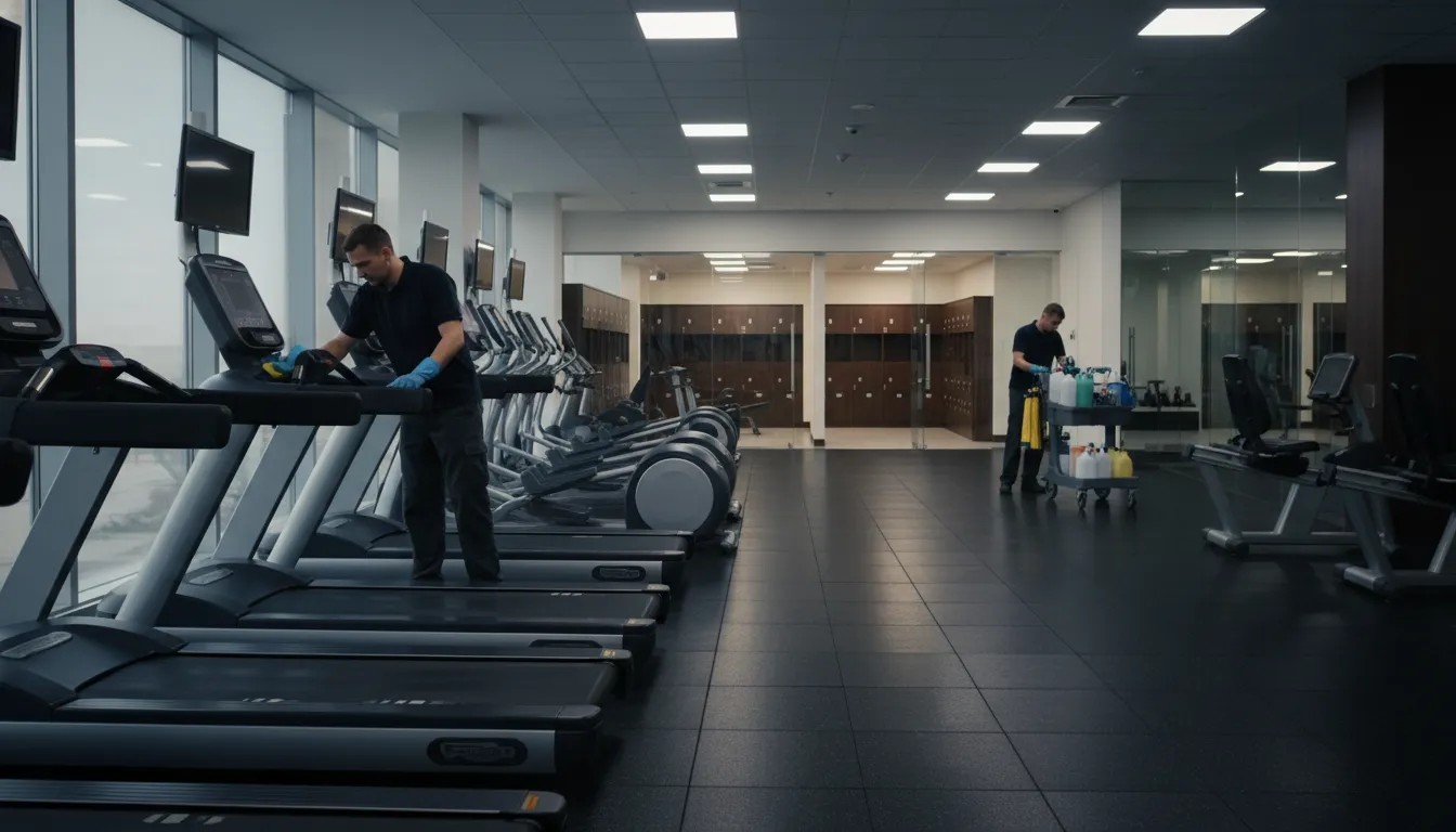 Commercial cleaner following a gym cleaning checklist on cardio equipment
