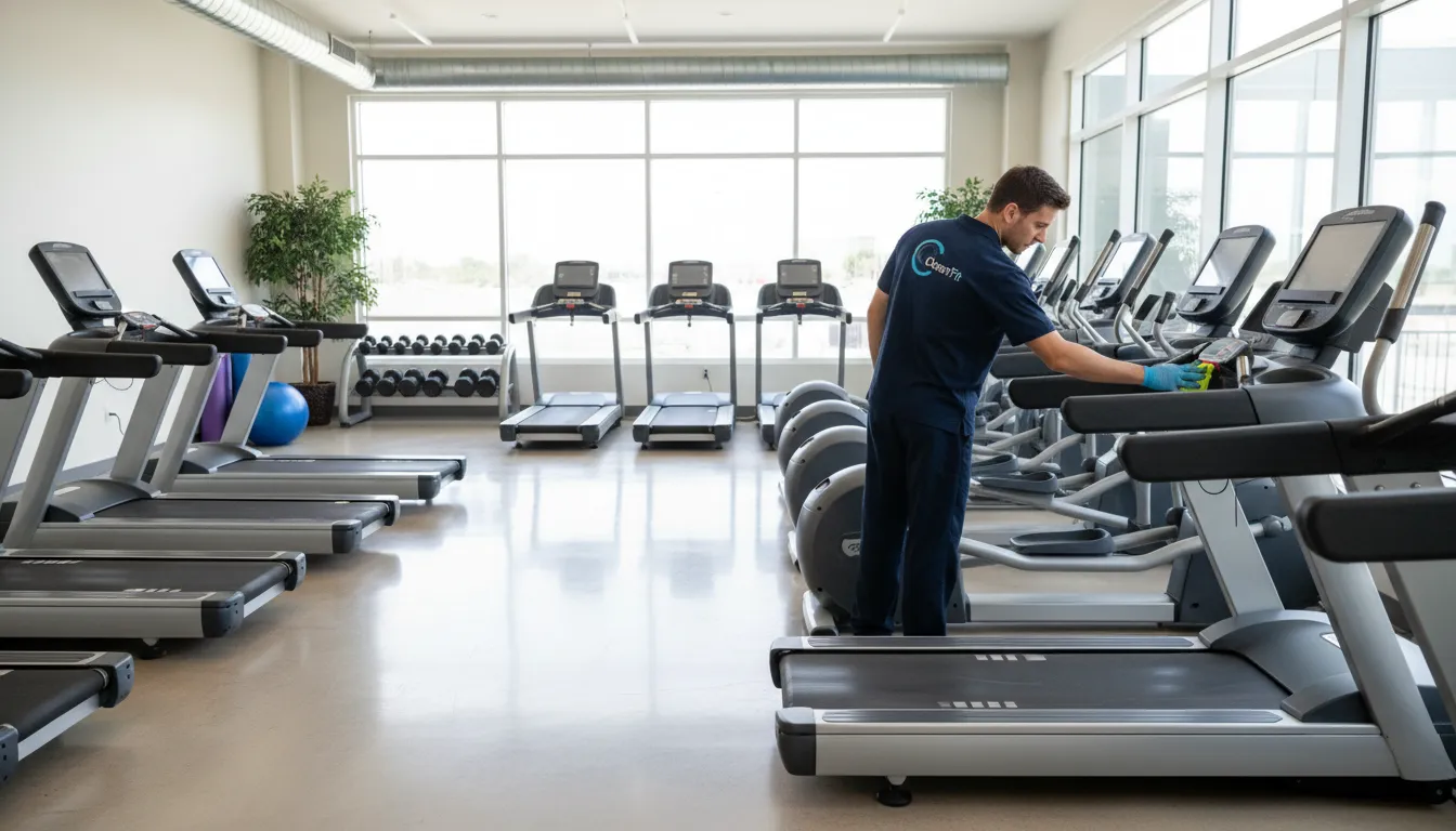 Cleaning professional wiping equipment in a spotless fitness center