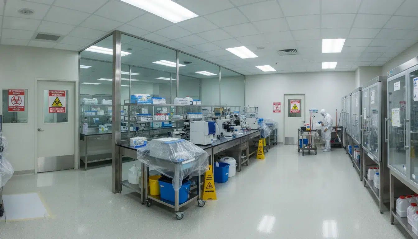 Pragmatic sterile commercial laboratory being prepared for professional cleaning