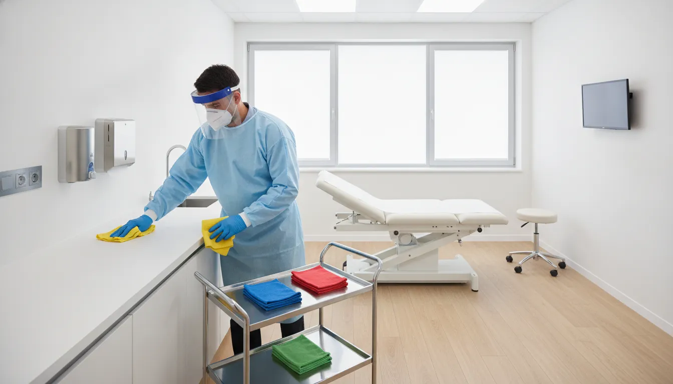 Prevent Cross Contamination Medical Office Cleaning Cleaning professional wiping a high-touch surface in a medical office with designated supplies