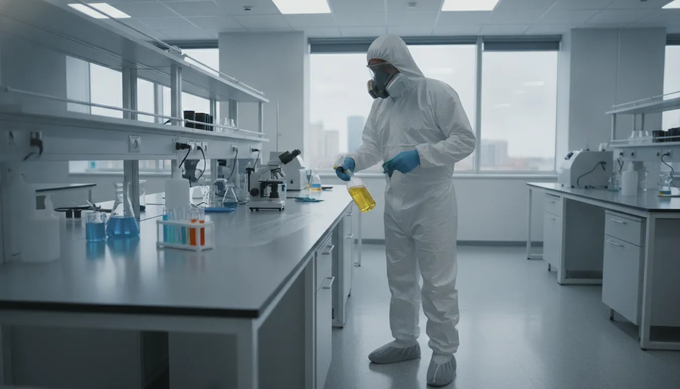 Cleaning technician following a laboratory cleaning checklist in a research facility