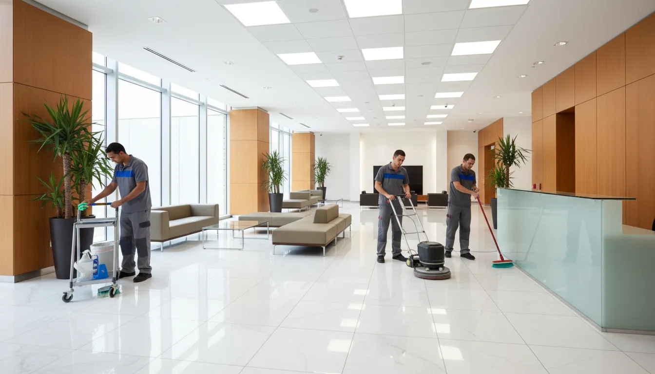 office-cleaning-checklist-for-multi-tenant-buildings-307970 Commercial cleaning team maintaining a multi-tenant office building lobby