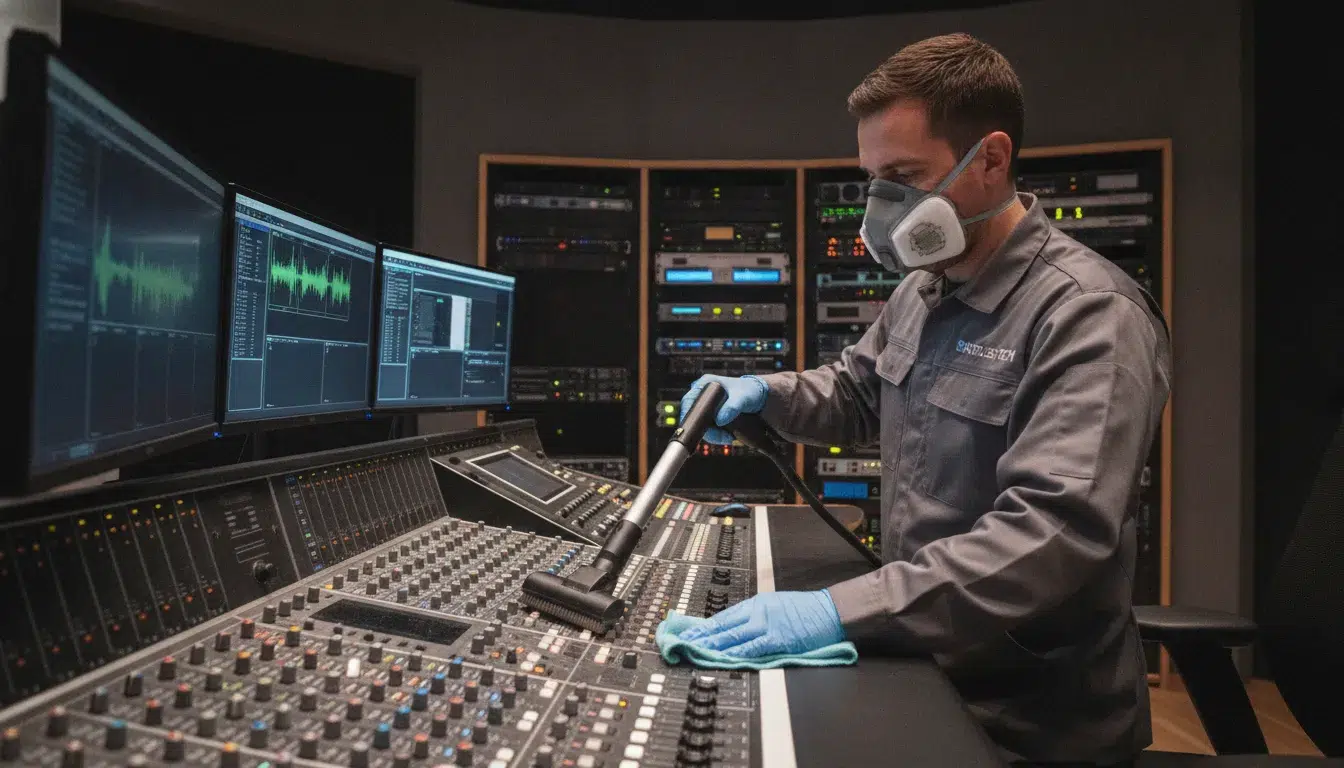 broadcast-studio-cleaning Professional technician cleaning broadcast studio equipment with microfiber tools