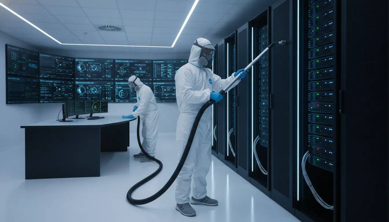 commercial-cleaning-command-centers-why-standard-janitorial-services-fall-short-127763 Professional critical environment cleaning technicians in a modern command center with server racks and monitoring screens
