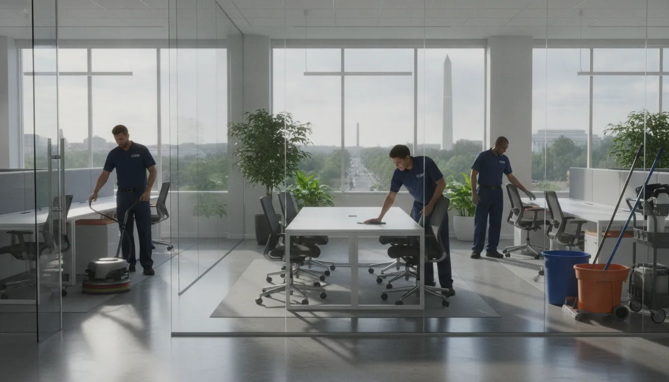 commercial-cleaning-cost-per-square-foot-guide-676164 Professional commercial cleaning crew servicing a modern office space in Washington DC