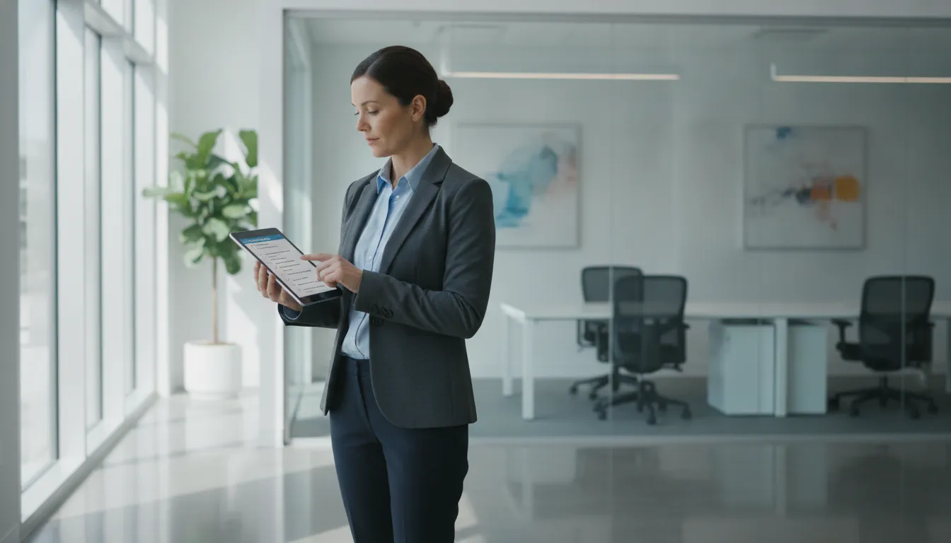 commercial-cleaning-scope-of-work-guide–template-719416 A facility manager reviewing a commercial cleaning scope of work template on a tablet