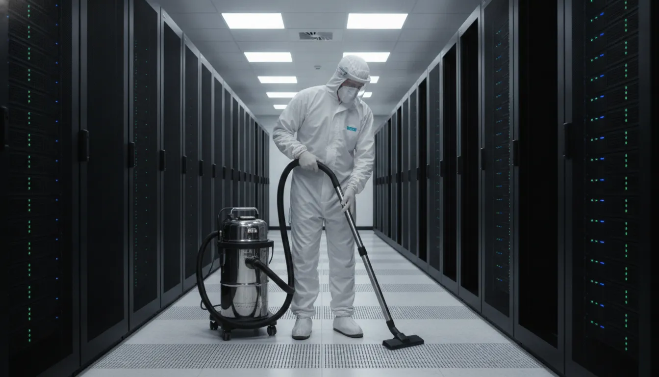 critical-environment-cleaning-certification-what-to-look-for-739586 Cleaning technician in protective suit using HEPA-filtered equipment in a data center server room