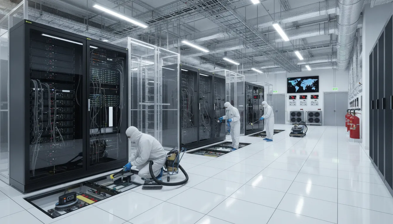 data-center-cleaning-standards-complete-iso-14644-1-guide-141005 Professional data center interior with server racks and raised flooring undergoing precision cleaning