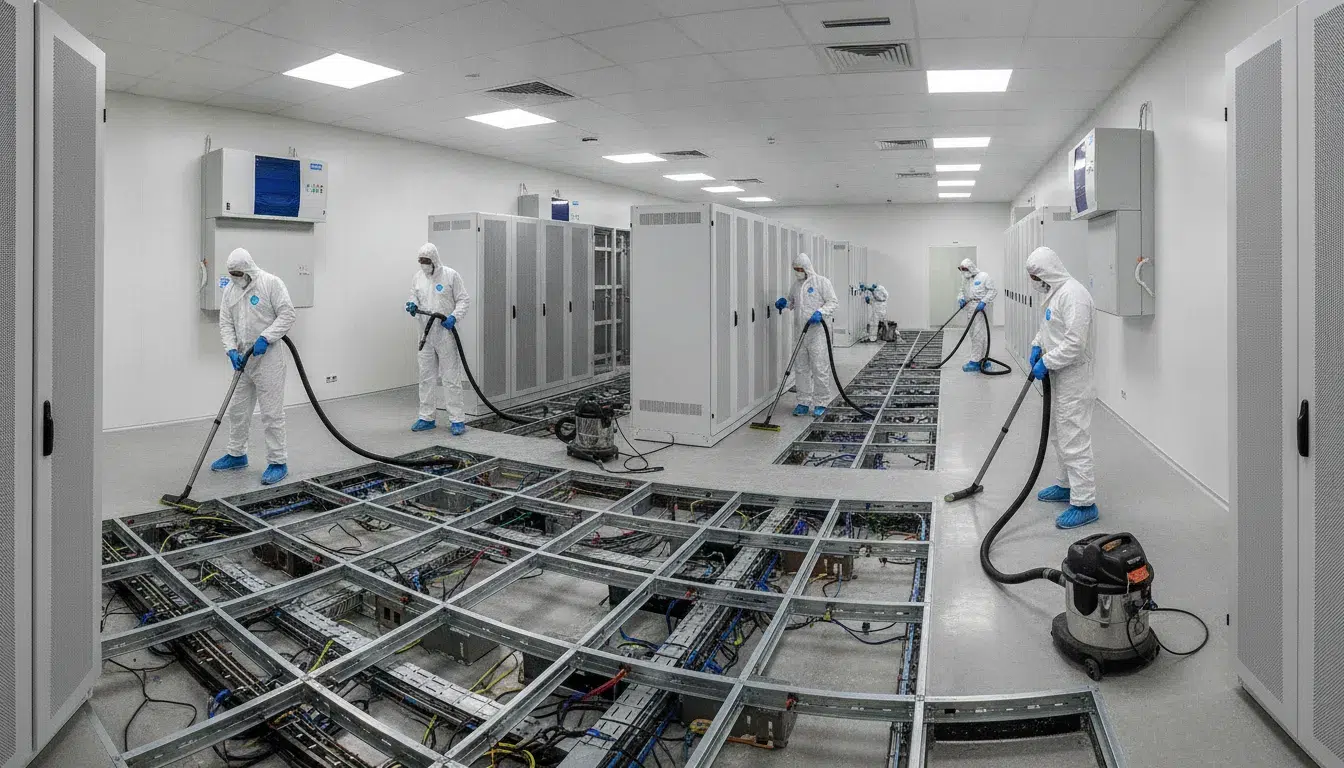 data-center-post-construction-cleaning-a-critical-path-checklist-821973 Data center post-construction cleaning with technicians in protective gear using HEPA vacuums on raised access flooring