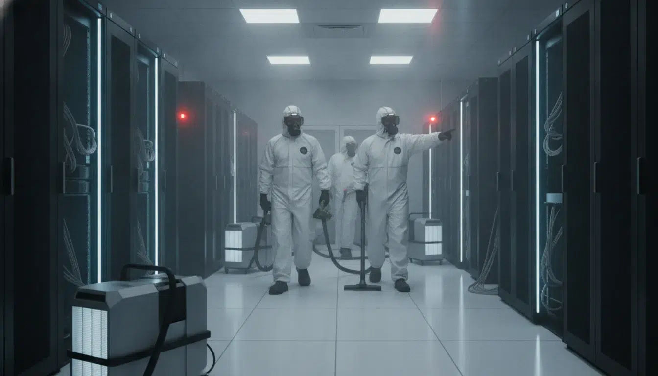 Emergency cleaning crew using HEPA vacuums and ESD-safe tools to remove dust contamination in a data center with rows of server racks