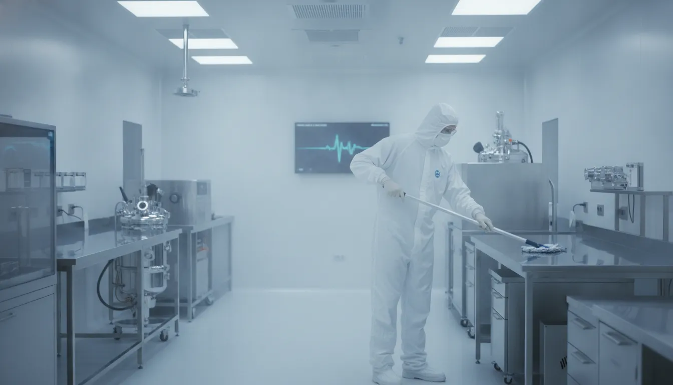Pharmaceutical facility technician in cleanroom attire performing validated sanitization procedures in ISO-compliant laboratory environment