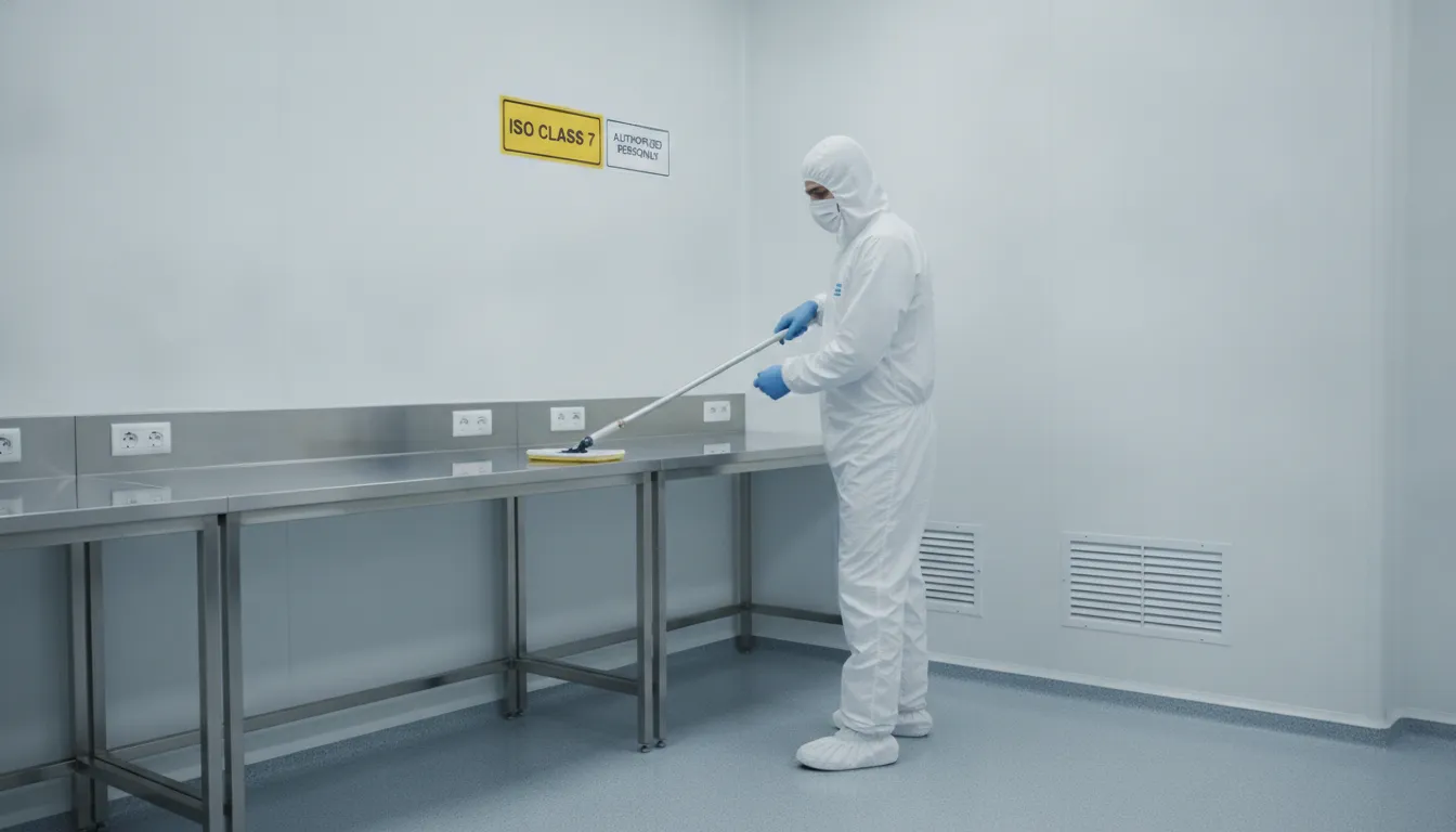 how-cleanroom-cleaning-protocols-meet-iso-14644-1-standards-215335 Professional cleanroom technician in protective gown performing contamination control cleaning in an ISO-rated facility